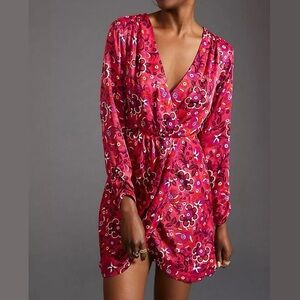 Maeve Wrap Mini Dress Size XS Pink Floral Long Sleeve Anthropologie xs New NWT